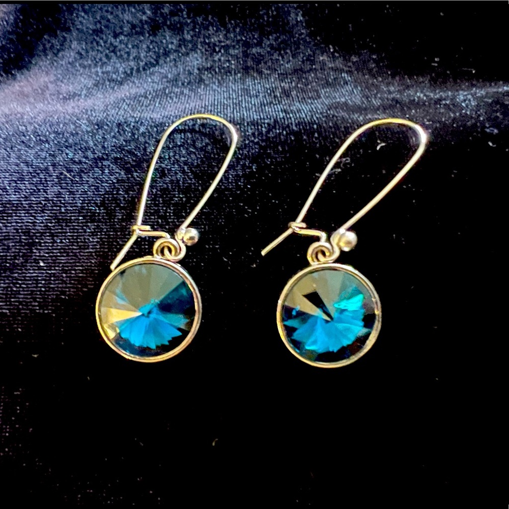 Silver with Teal Blue Rhinestones Dangle Pierced Earrings / Never Worn